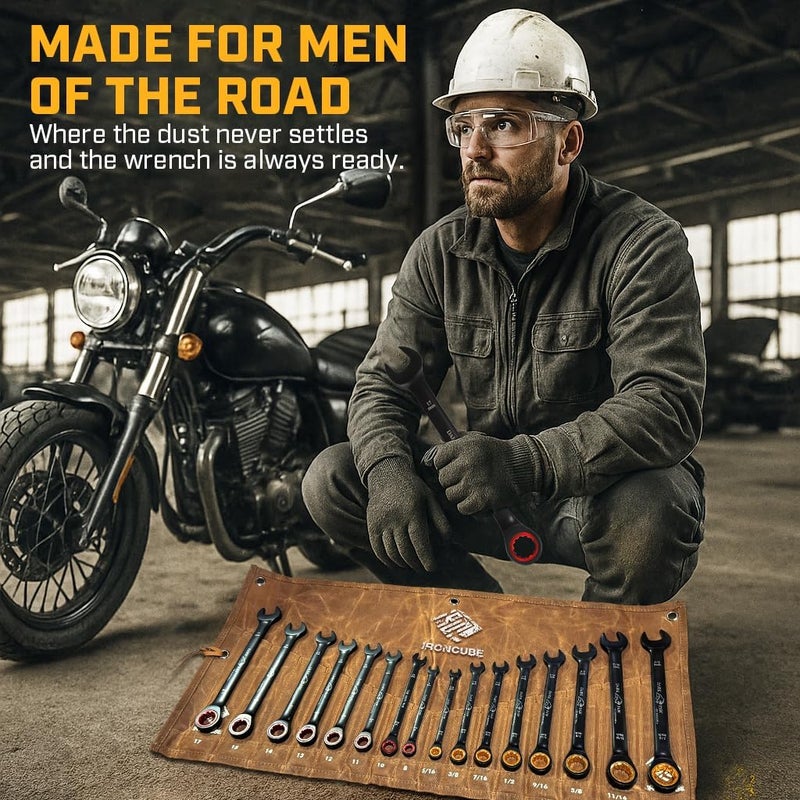 ironcube Ratcheting Wrench Set For Men: 16-Piece Metric & SAE - Black Chrome Vanadium - Including Water-Resistant Wax Canva Bag - for Automotive Repair - Image 4